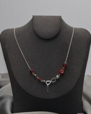 Infinity Cross Sterling Silver Red Crystal & Evil Eye Necklace 3.2G / 18in N1511